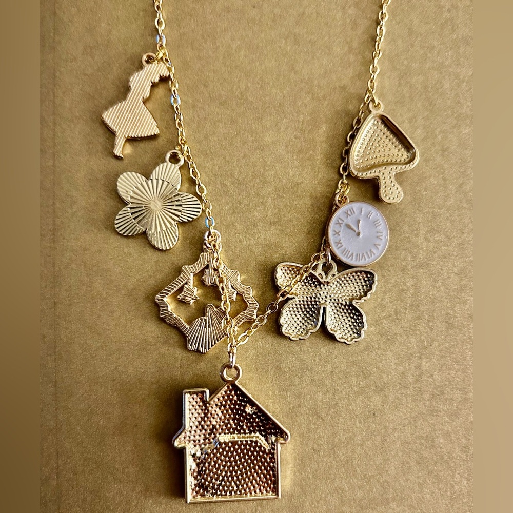 NWOT Necklace Alice in Wonderland, blue enamel charms rabbit, flower, cat… 21” - Picture 5 of 6
